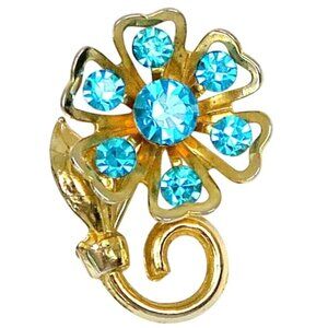 Coro Blue Rhinestone Flower Brooch Mid-Century Gold Tone Costume Jewelry